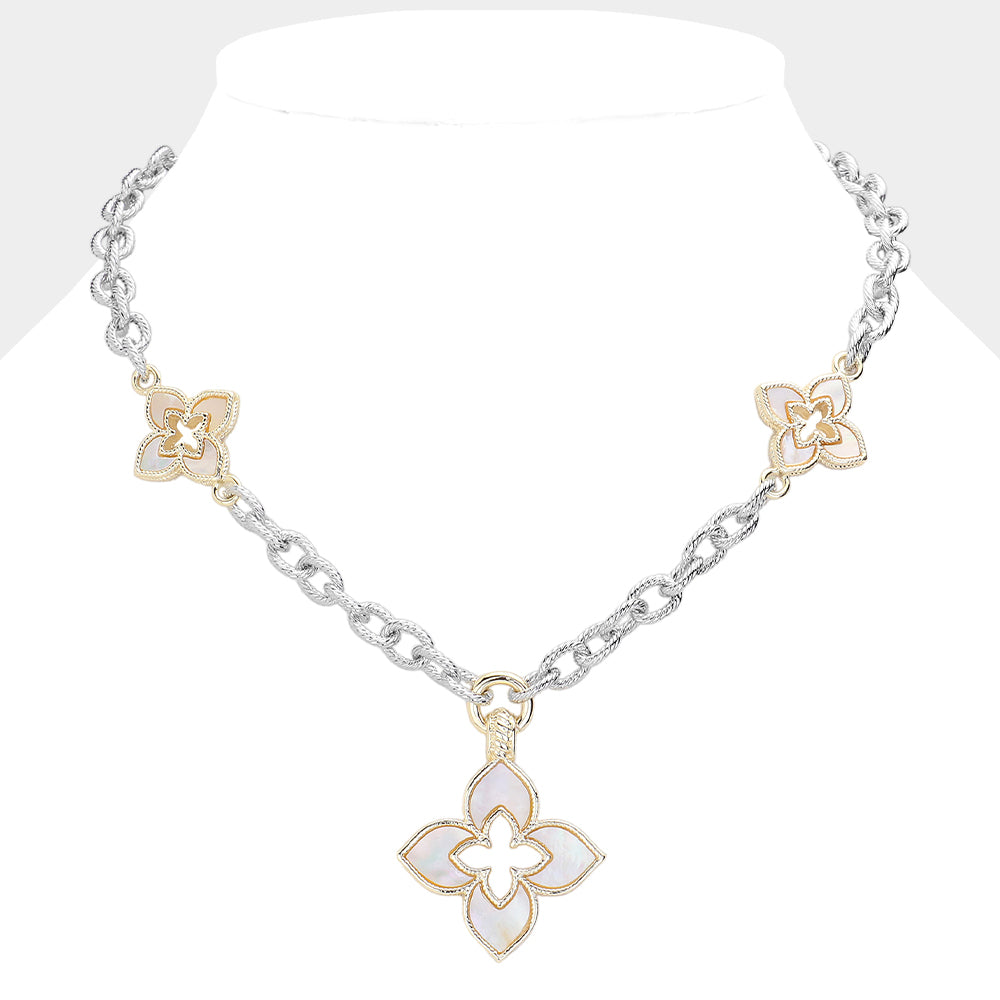 14K Gold Plated Mother Of Pearl Clover Pendant Station Necklace