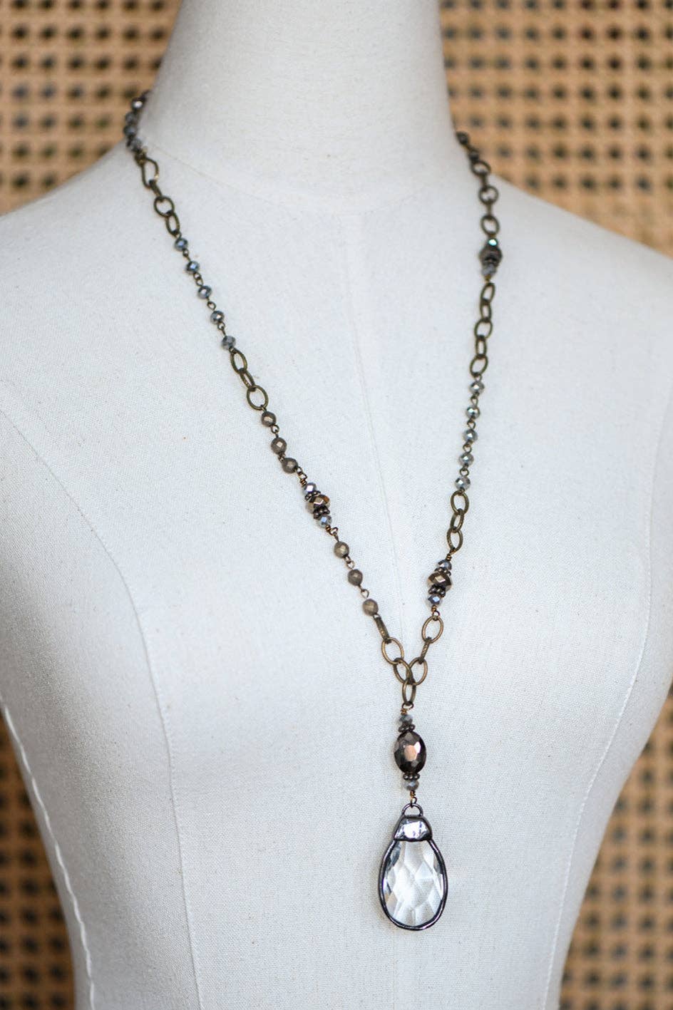 Boho Long Beaded Chain Link Necklace, Glass Crystal Teardrop Pendant