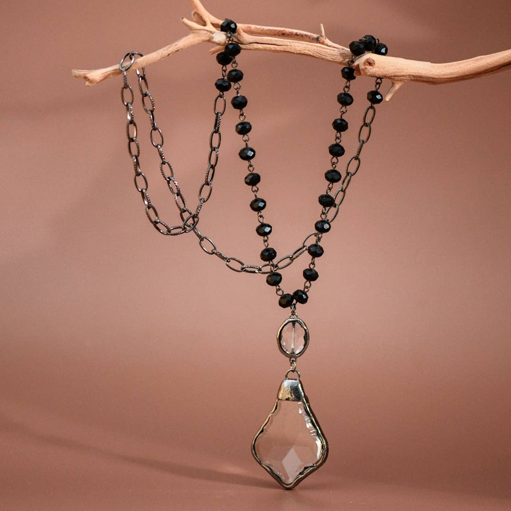 Long Beaded Chain Link Necklace, Glass Crystal Pendant - 6292