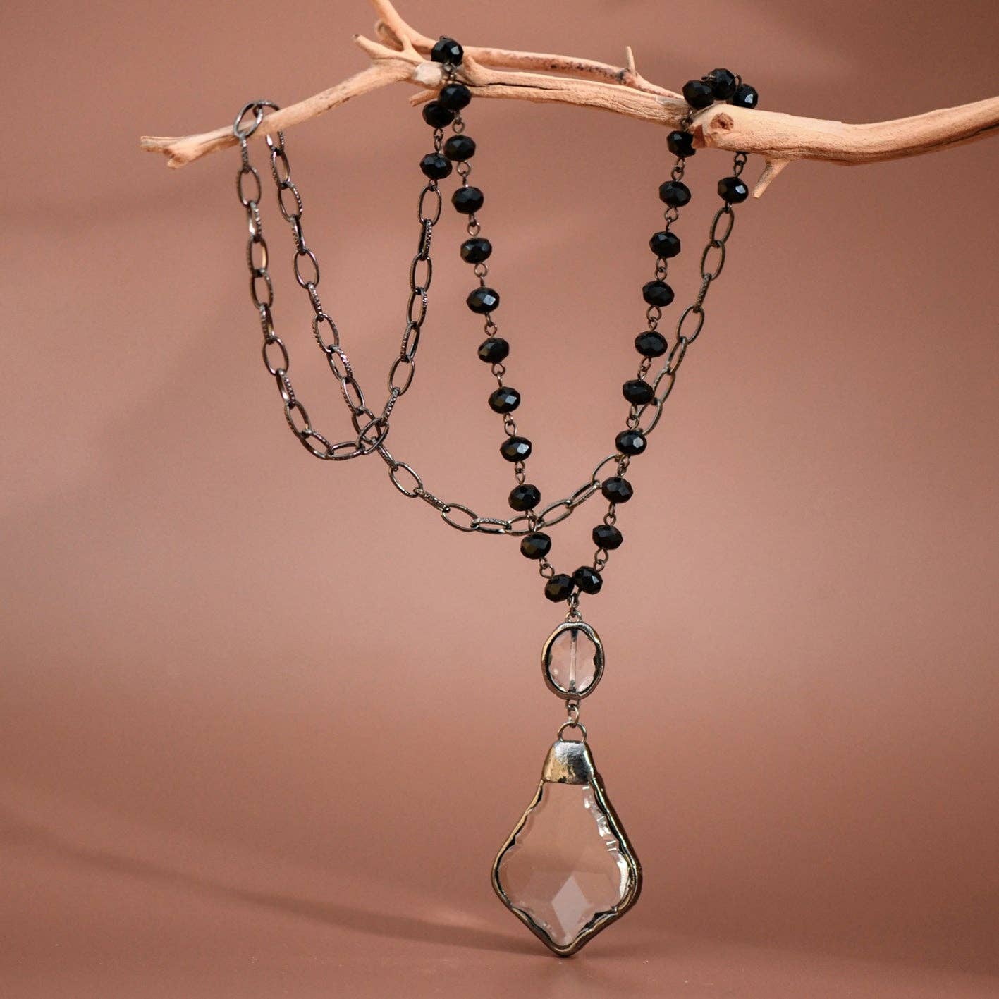Long Beaded Chain Link Necklace, Glass Crystal Pendant - 6292