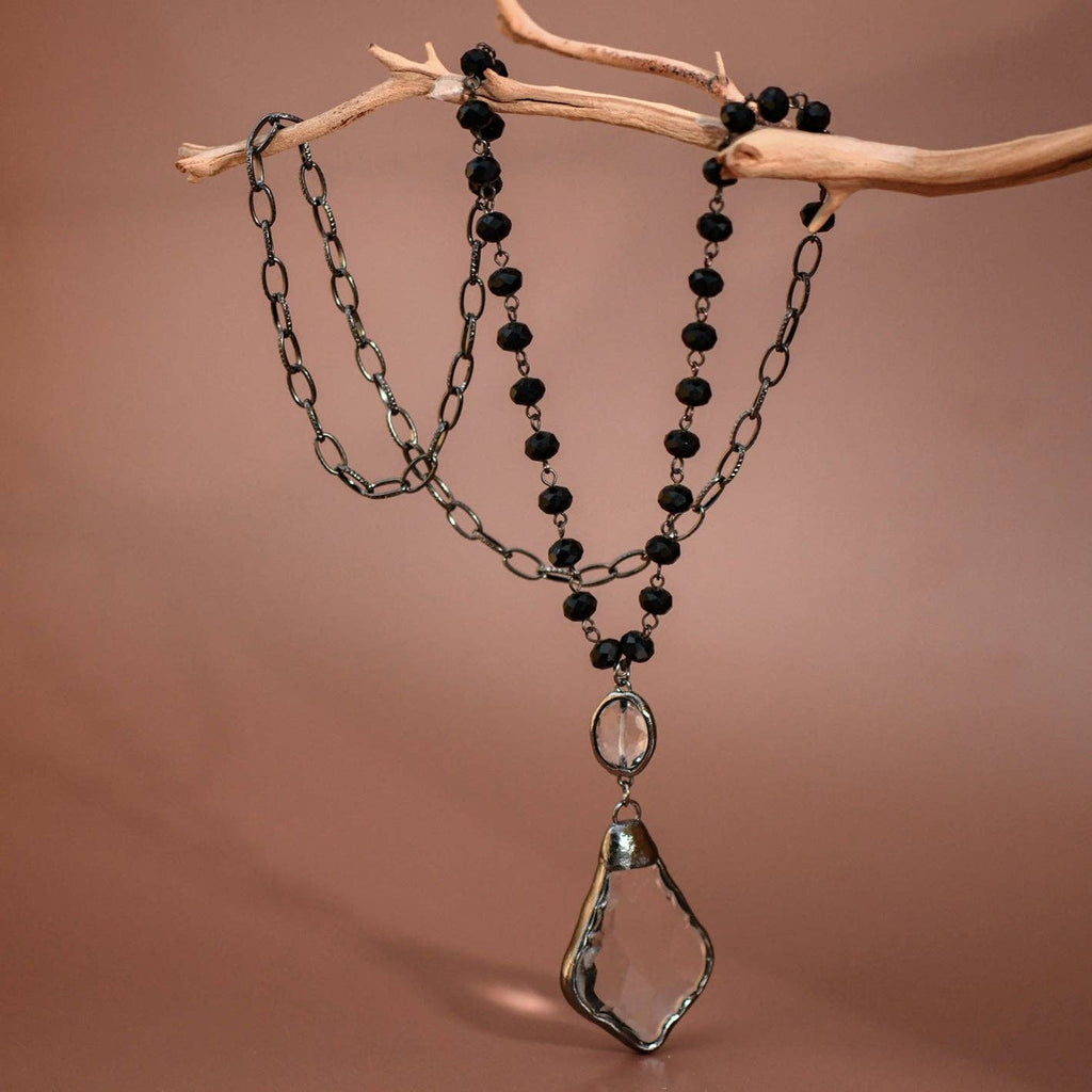 Long Beaded Chain Link Necklace, Glass Crystal Pendant - 6292