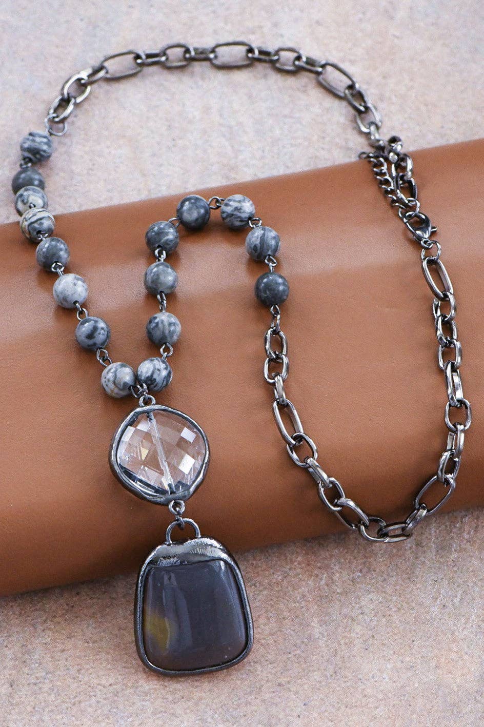 Natural Stone Pendant Beaded Chain Link Necklace - 6520