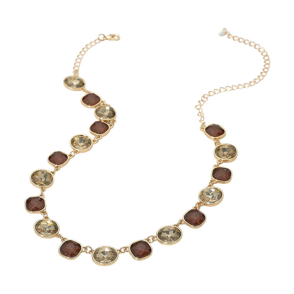 Round Square Stone Bezel Cluster Link Necklace