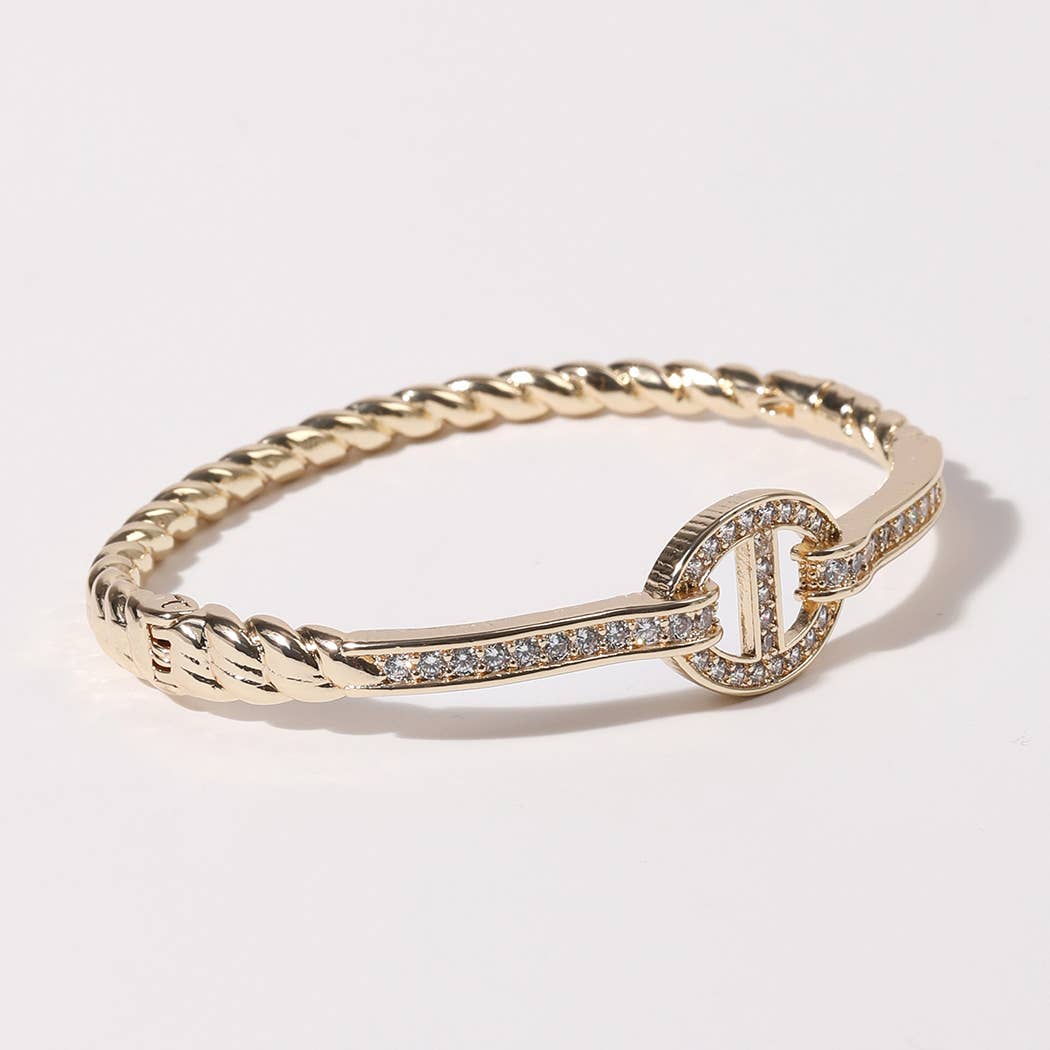 Linked CZ Oval Twisted Gold Plated Bangle Bracelet