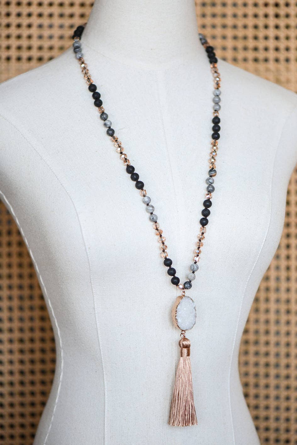 Stone Bead Necklace with Druzy Tassel Pendant - 6515