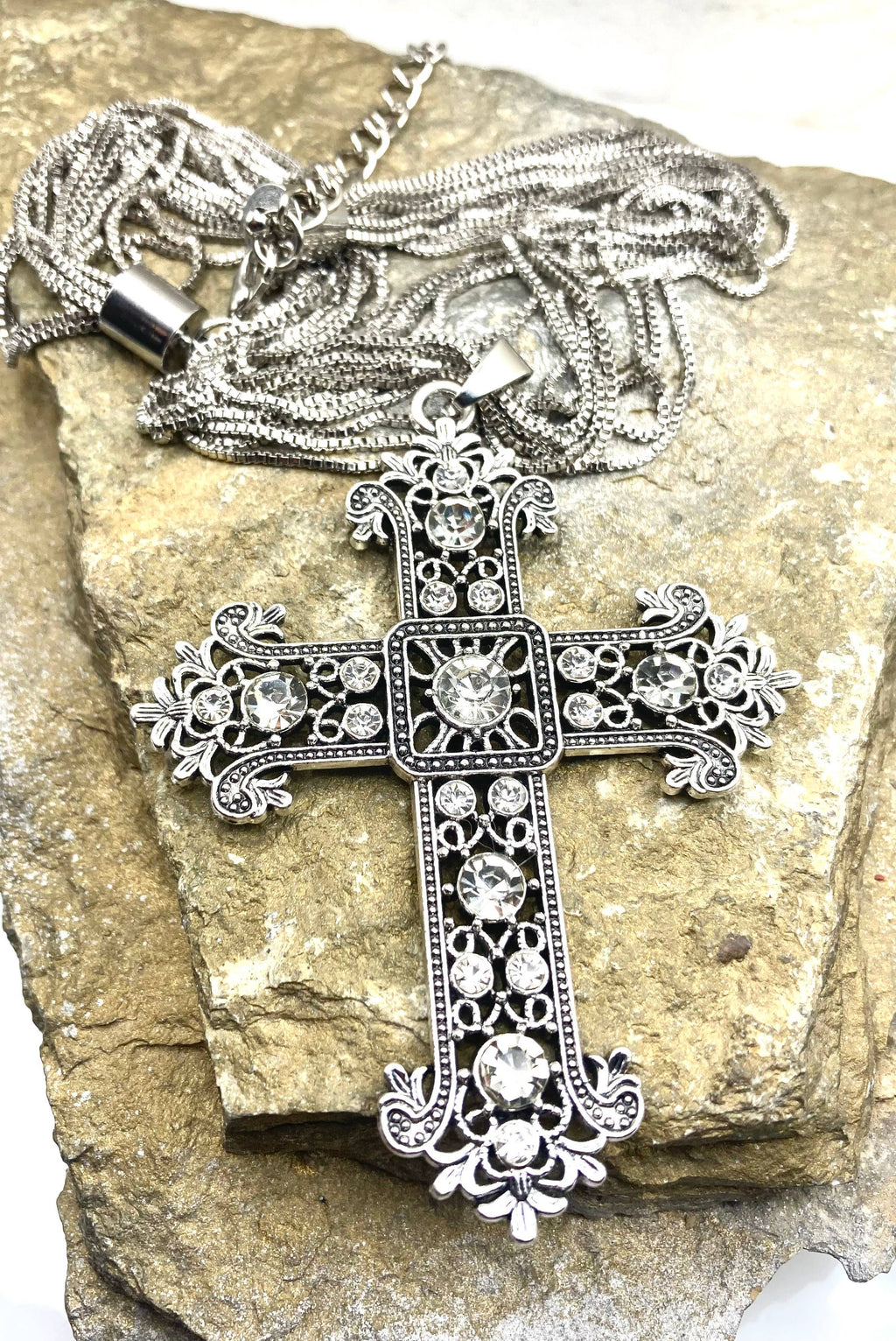 Vintage Multi Strand  Charm Cross  Statement Necklace