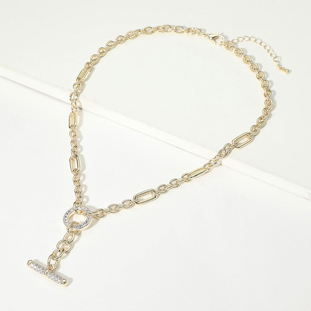 14K Gold Plated CZ Pave Toggle Accent Chunky Chain Necklace