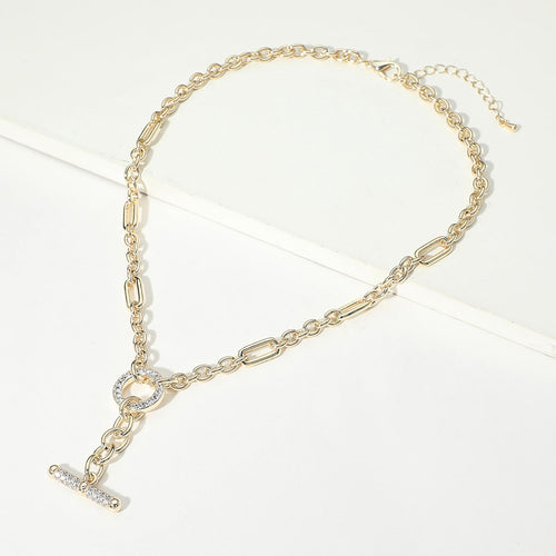 14K Gold Plated CZ Pave Toggle Accent Chunky Chain Necklace